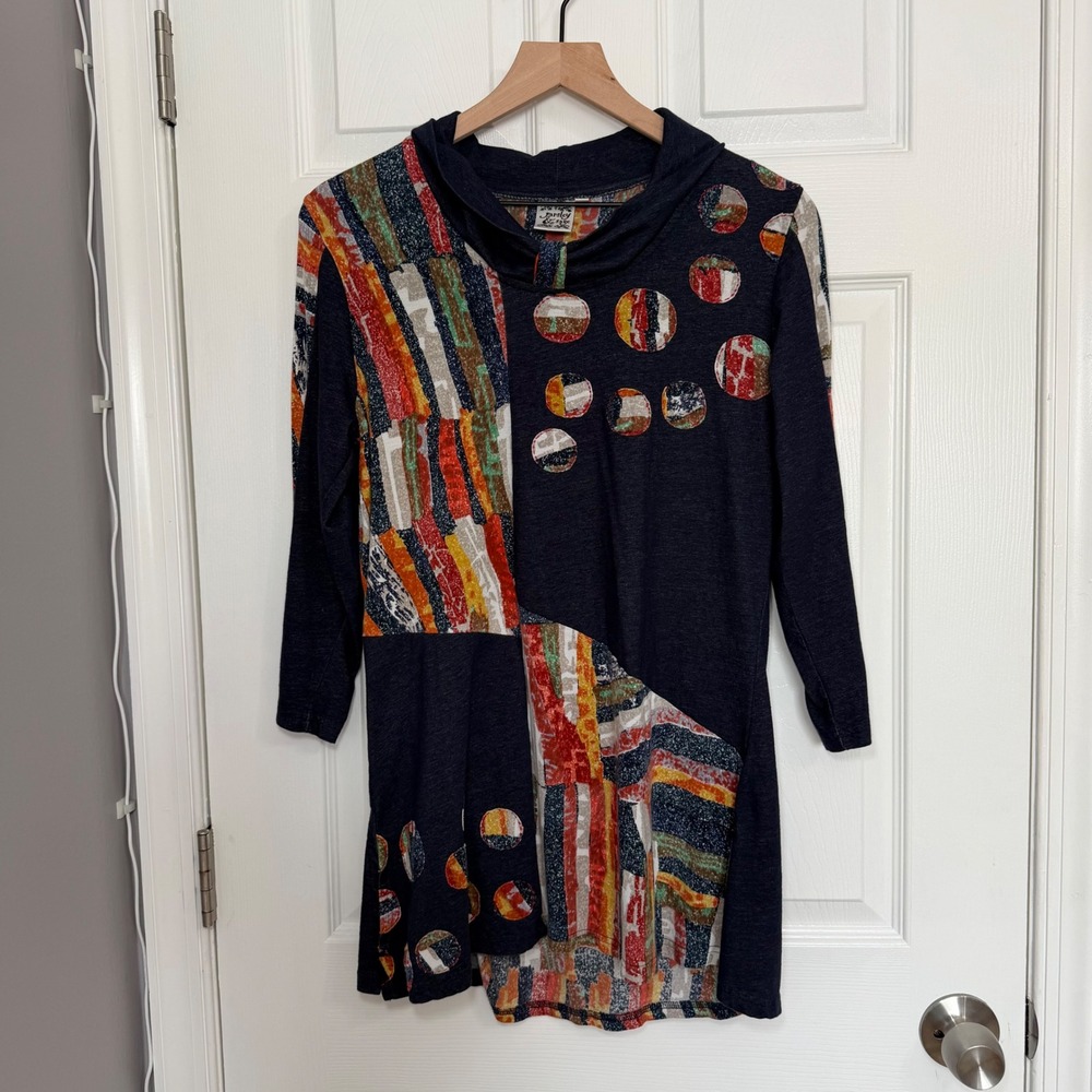 Parsley & Sage Womens Abstract Print Cowl Neck Tunic Top Navy M lagenlook artsy